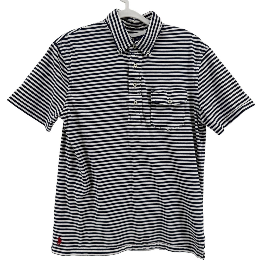 Ralph Lauren Mens Medium Navy White Striped Red Pony Short Sleeve Polo Shirt